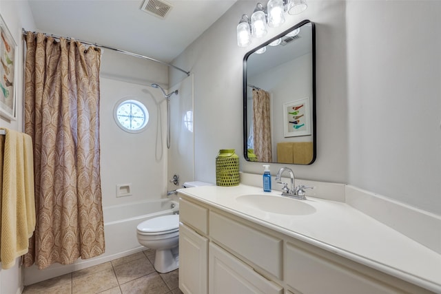 full bathroom featuring tile patterned flooring, vanity, shower / bath combo, and toilet