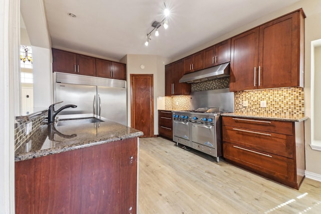 kitchen featuring sink, stone counters, tasteful backsplash, premium appliances, and light wood-type flooring