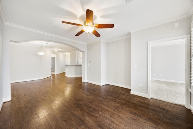 unfurnished living room featuring ceiling fan, ornamental molding, and dark hardwood / wood-style floors