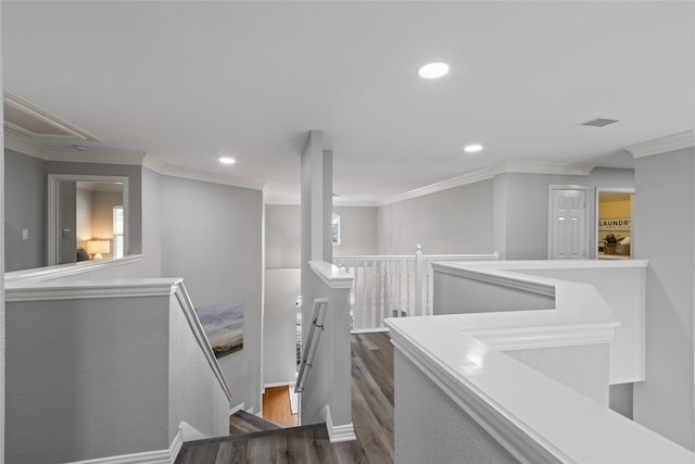 hallway featuring crown molding and dark hardwood / wood-style flooring