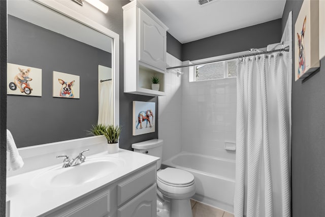 full bathroom featuring shower / bath combination with curtain, tile patterned floors, toilet, and vanity