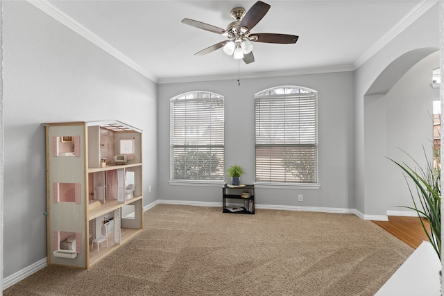 interior space featuring crown molding, plenty of natural light, carpet flooring, and ceiling fan