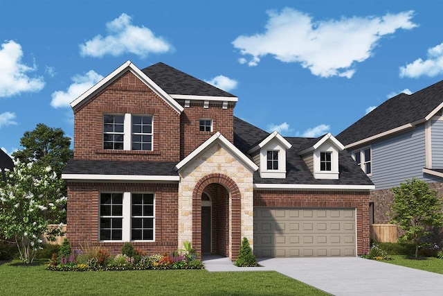 view of front of house with a garage and a front yard