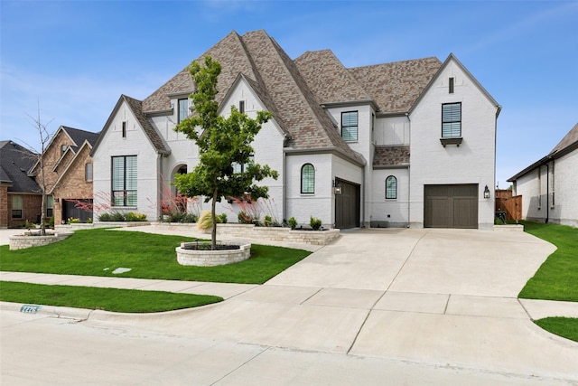 french country inspired facade featuring brick siding, a front lawn, driveway, and an attached garage