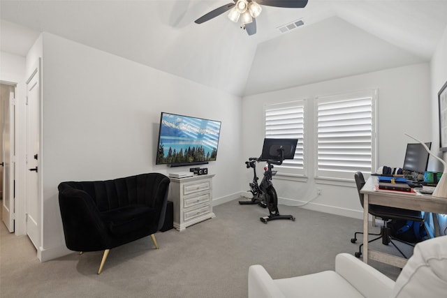carpeted office space with visible vents, ceiling fan, lofted ceiling, and baseboards