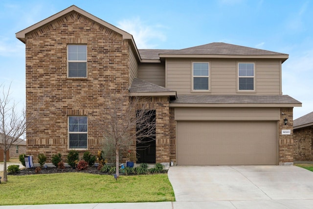 16501 Portage St, Justin, TX 76247 - view of front of property with brick siding, a front yard, a garage, and concrete driveway