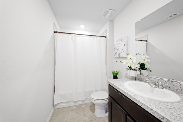 16501 Portage St, Justin, TX 76247 - bathroom with vanity, tile patterned flooring, toilet, and shower / bathtub combination with curtain