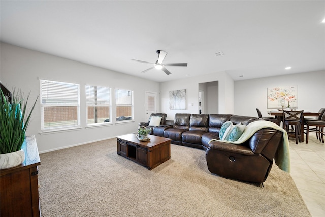 16501 Portage St, Justin, TX 76247 - living area with a ceiling fan, light tile patterned floors, recessed lighting, and baseboards