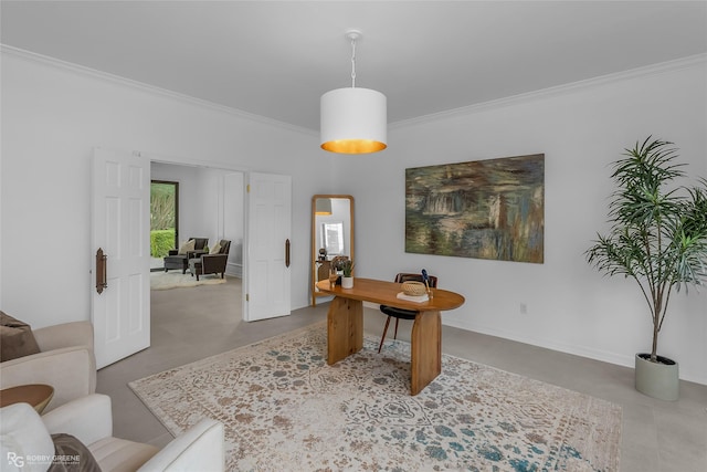 home office featuring crown molding and concrete flooring