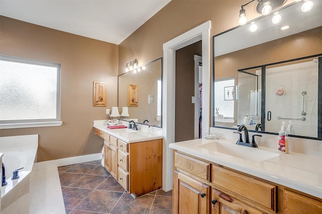 bathroom featuring vanity and plus walk in shower