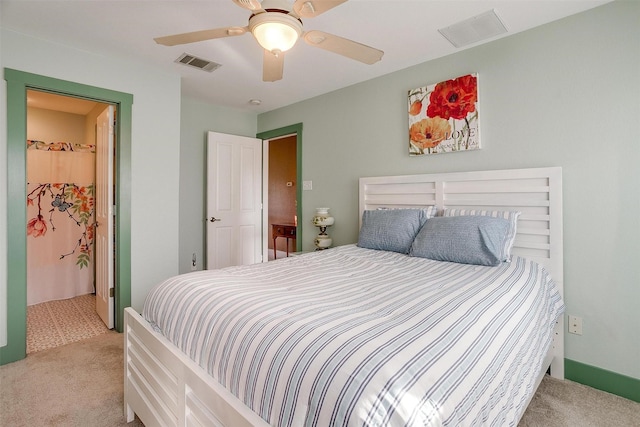 carpeted bedroom with ceiling fan