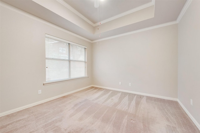 carpeted empty room with a tray ceiling and ornamental molding