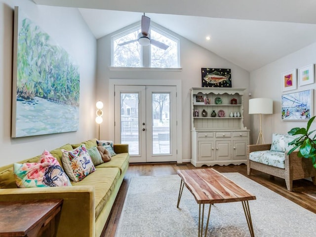 7010 San Mateo Blvd, Dallas, TX 75223 - living room featuring wood finished floors, vaulted ceiling, healthy amount of natural light, french doors, and ceiling fan