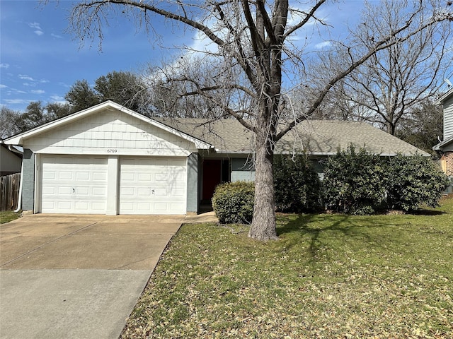 single story home with an attached garage, driveway, brick siding, and a front yard