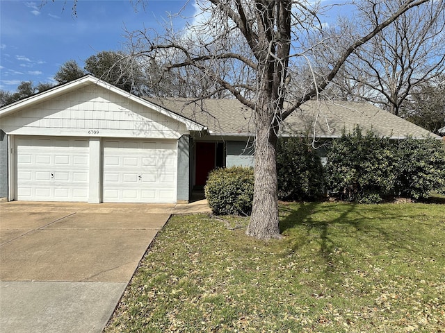 ranch-style house with a garage, a front yard, concrete driveway, and a shingled roof