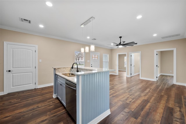 kitchen with sink, decorative light fixtures, stainless steel dishwasher, dark hardwood / wood-style flooring, and a kitchen island with sink