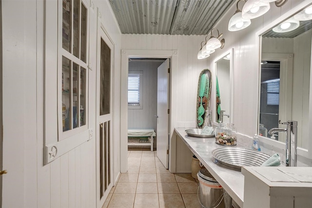 bathroom featuring vanity, tile patterned floors, and wood ceiling