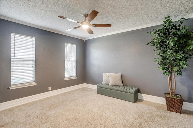 unfurnished room featuring ceiling fan, ornamental molding, carpet, and a textured ceiling