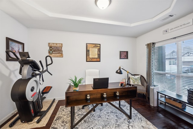 home office with dark hardwood / wood-style floors and a raised ceiling