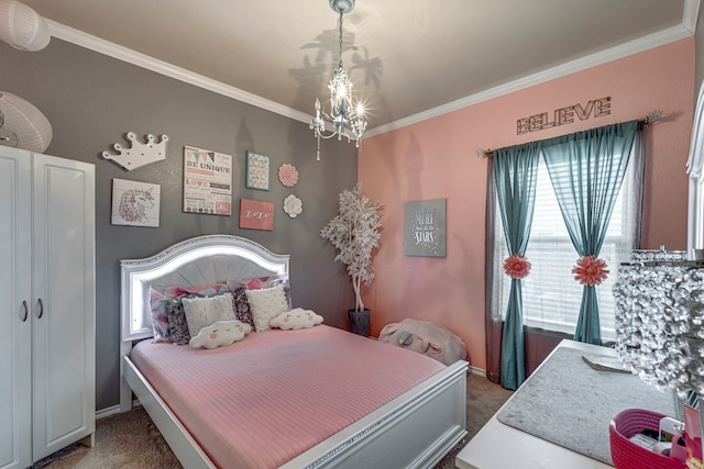 bedroom featuring a notable chandelier, carpet flooring, and ornamental molding