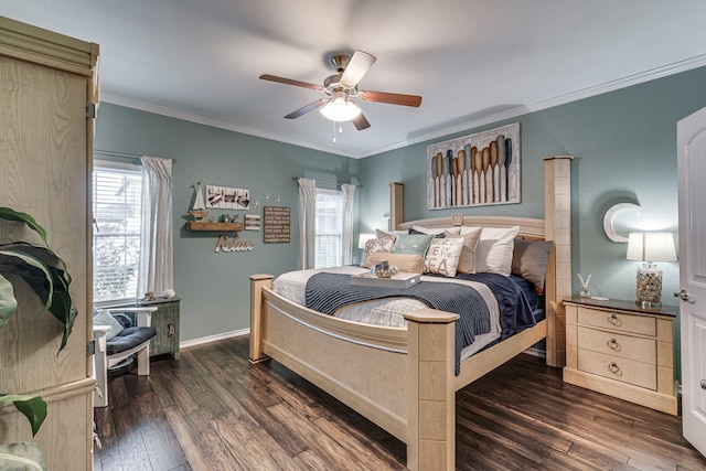 bedroom with ornamental molding, dark wood-type flooring, and ceiling fan