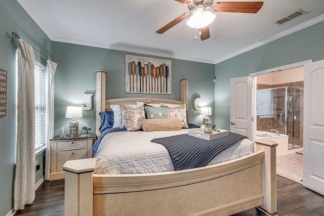 bedroom with ensuite bathroom, ceiling fan, dark wood-type flooring, and ornamental molding