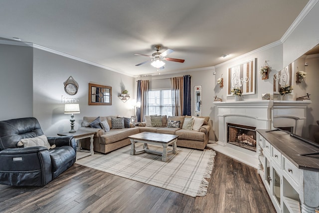 living room with ceiling fan, crown molding, and hardwood / wood-style floors