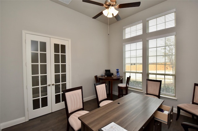 home office with french doors, ceiling fan, and dark hardwood / wood-style flooring