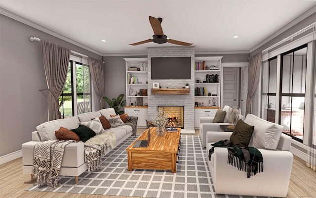 living room featuring crown molding, a brick fireplace, ceiling fan, and light wood-type flooring