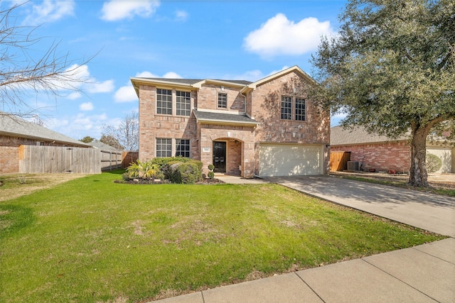 view of property featuring a garage, cooling unit, and a front yard