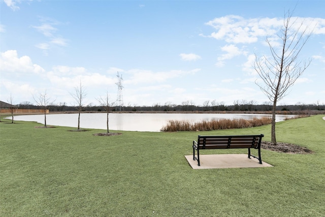 view of home's community with a lawn and a water view