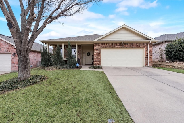 ranch-style house with a garage, concrete driveway, roof with shingles, a front lawn, and brick siding