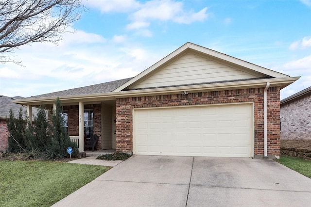 single story home featuring brick siding, roof with shingles, a porch, an attached garage, and driveway