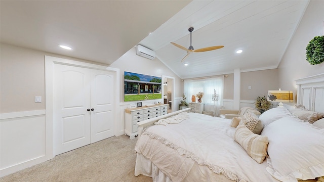 1004 Rs County Road 3345, Emory, TX 75440 - bedroom with lofted ceiling, light carpet, a wall unit AC, and ceiling fan