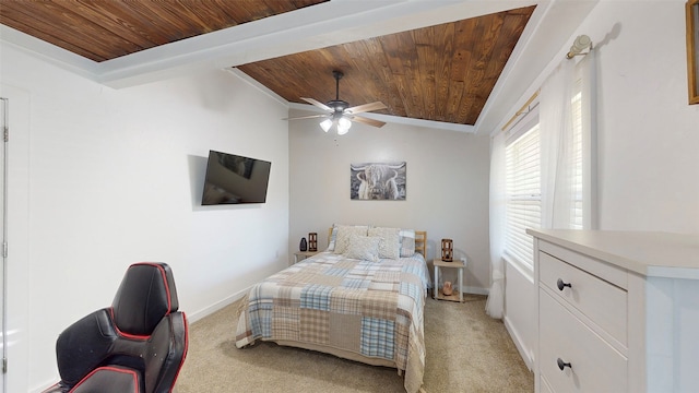 1004 Rs County Road 3345, Emory, TX 75440 - bedroom featuring ceiling fan, light colored carpet, vaulted ceiling, and wooden ceiling