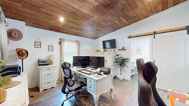 1004 Rs County Road 3345, Emory, TX 75440 - office featuring vaulted ceiling, a barn door, wood-type flooring, and wooden ceiling