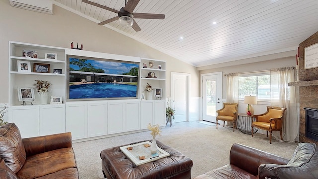 1004 Rs County Road 3345, Emory, TX 75440 - living room with lofted ceiling, wood ceiling, light carpet, a large fireplace, and a wall unit AC