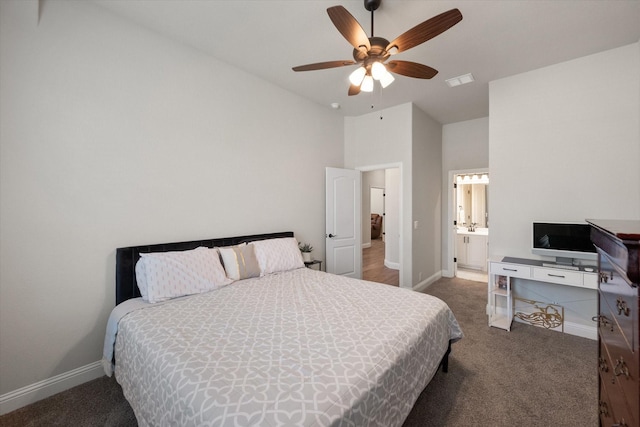 5626 Rowlan Row, Midlothian, TX 76065 - carpeted bedroom with vaulted ceiling, baseboards, and ceiling fan