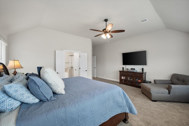 bedroom featuring ceiling fan, lofted ceiling, and carpet