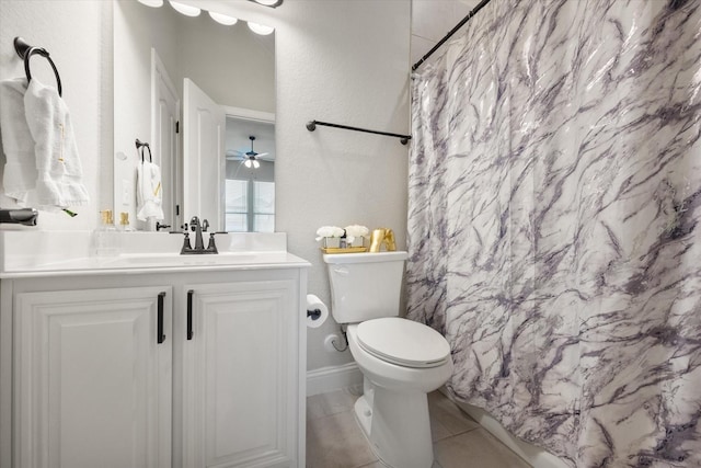 5626 Rowlan Row, Midlothian, TX 76065 - full bath featuring vanity, toilet, a shower with curtain, ceiling fan, and tile patterned floors