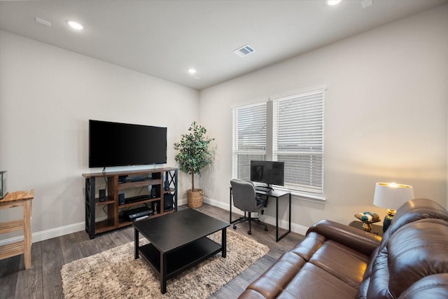 living room with dark wood-type flooring