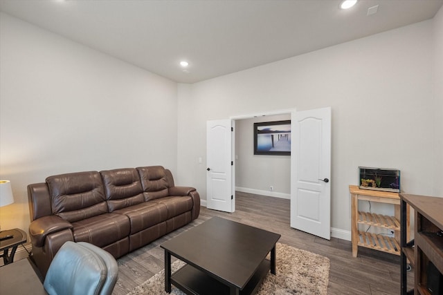 living room featuring dark wood-type flooring