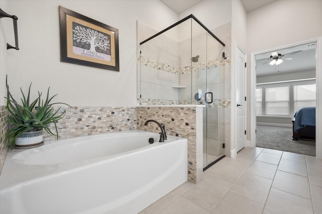5626 Rowlan Row, Midlothian, TX 76065 - full bath with a bath, ensuite bath, a shower stall, a ceiling fan, and tile patterned floors