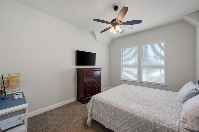 bedroom featuring vaulted ceiling, ceiling fan, and carpet floors