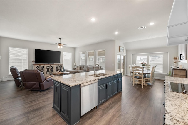 5626 Rowlan Row, Midlothian, TX 76065 - kitchen with dishwasher, a sink, dark wood-style flooring, ceiling fan, and black electric stovetop