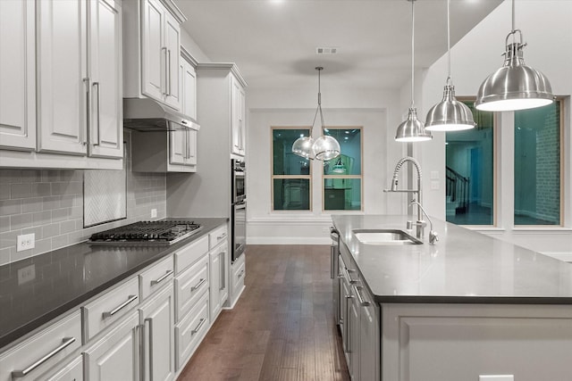 5204 Basham Ln, Mckinney, TX 75070 - kitchen with stainless steel appliances, a sink, under cabinet range hood, an island with sink, and dark wood-style flooring