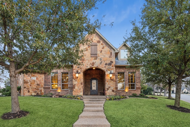 tudor-style house with stone siding, a front lawn, and brick siding