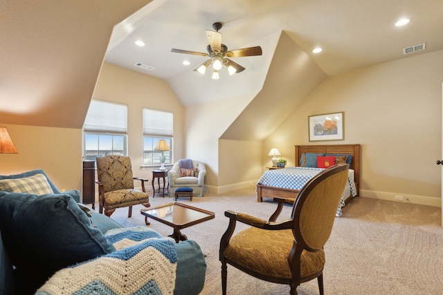 carpeted bedroom featuring baseboards, visible vents, vaulted ceiling, and recessed lighting