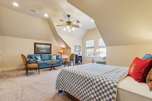 carpeted bedroom with baseboards, visible vents, a ceiling fan, vaulted ceiling, and recessed lighting