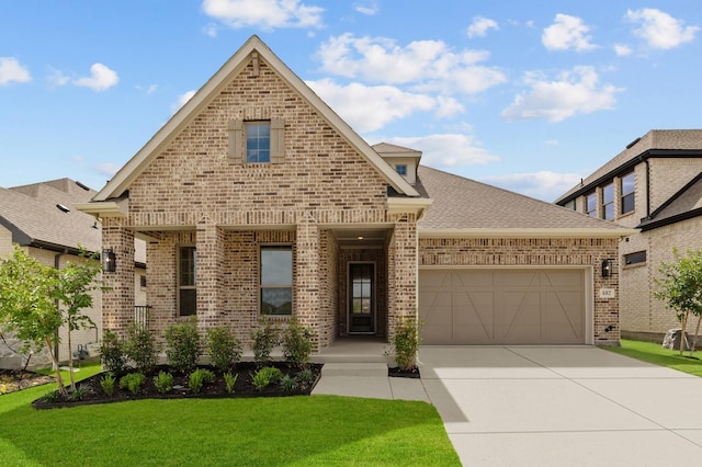 602 Lundy Ln, Mansfield, TX 76063 - french country style house with a garage, brick siding, driveway, a front yard, and roof with shingles